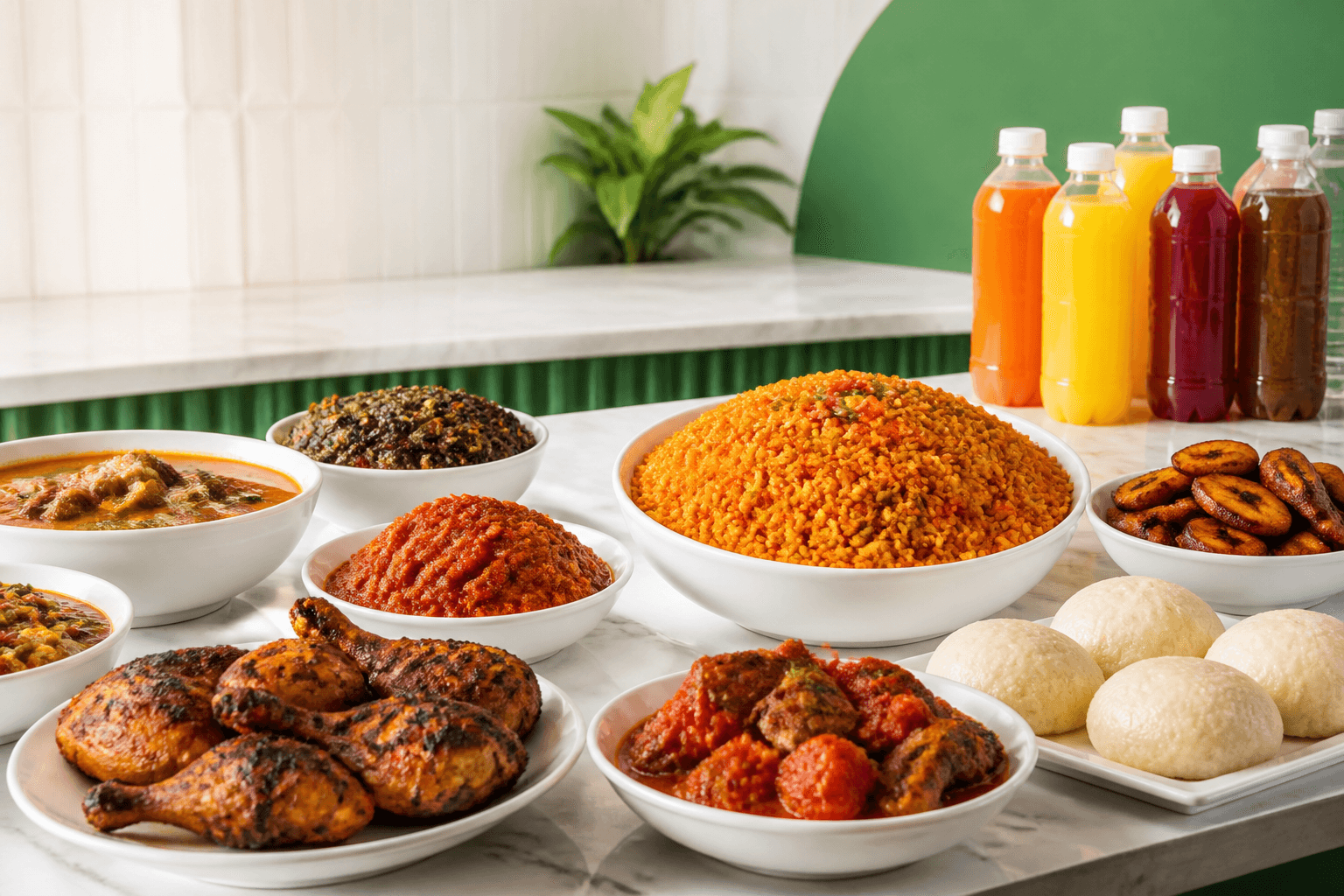 A generous spread of jollof rice, soups, swallows, chicken, plantain, stew, and drinks